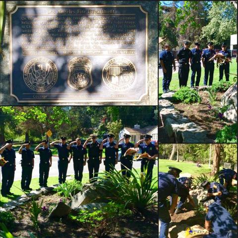 Collage of photos. LAFD members lined up saluting. 