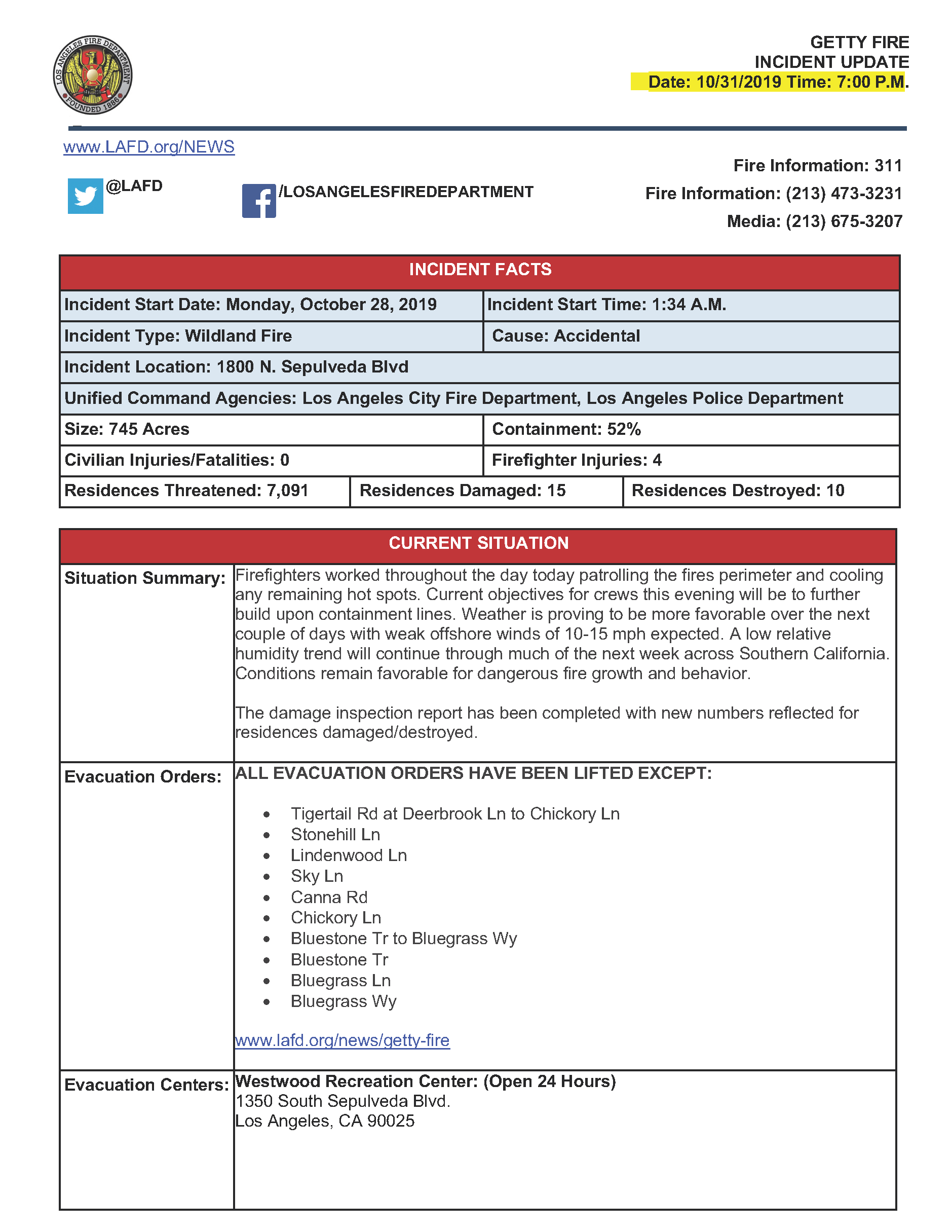 Page 1 evening update for October 31, 2019 Getty Fire