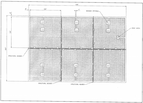 Solar panel array for a large commercial building with 4 foot by 8 foot walkways and 8 foot by 4 foot venting opportunities every 20 feet